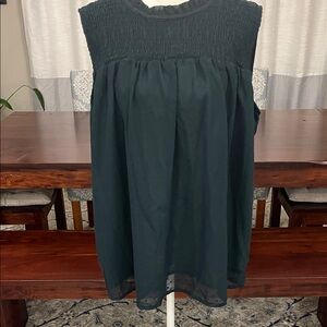 Sleeveless Swiss Dot Smocked Yoke Blouse in Deep Forest Green